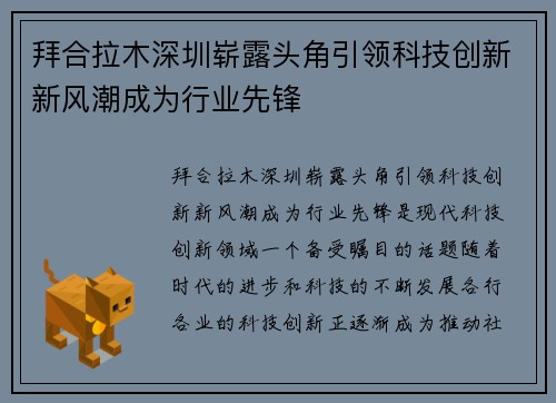 拜合拉木深圳崭露头角引领科技创新新风潮成为行业先锋