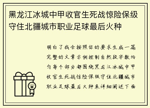 黑龙江冰城中甲收官生死战惊险保级守住北疆城市职业足球最后火种