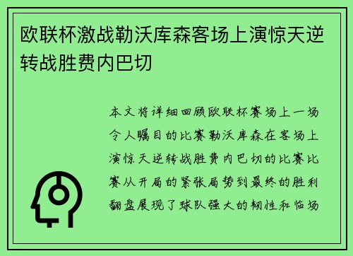 欧联杯激战勒沃库森客场上演惊天逆转战胜费内巴切 欧联杯激战勒沃库森客场上演惊天逆转战胜费内巴切